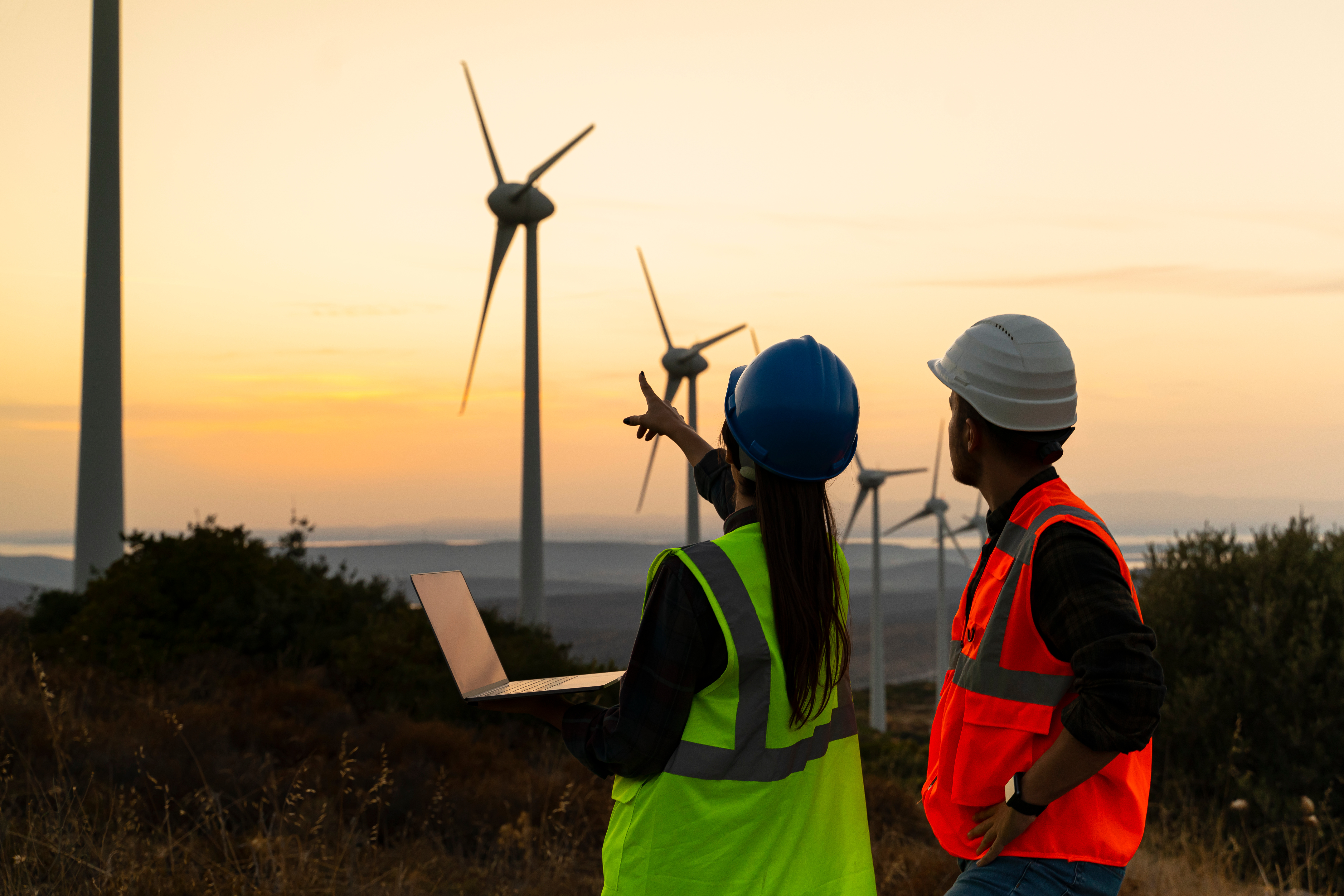 Two workers on laptops pointing to wind turbines.