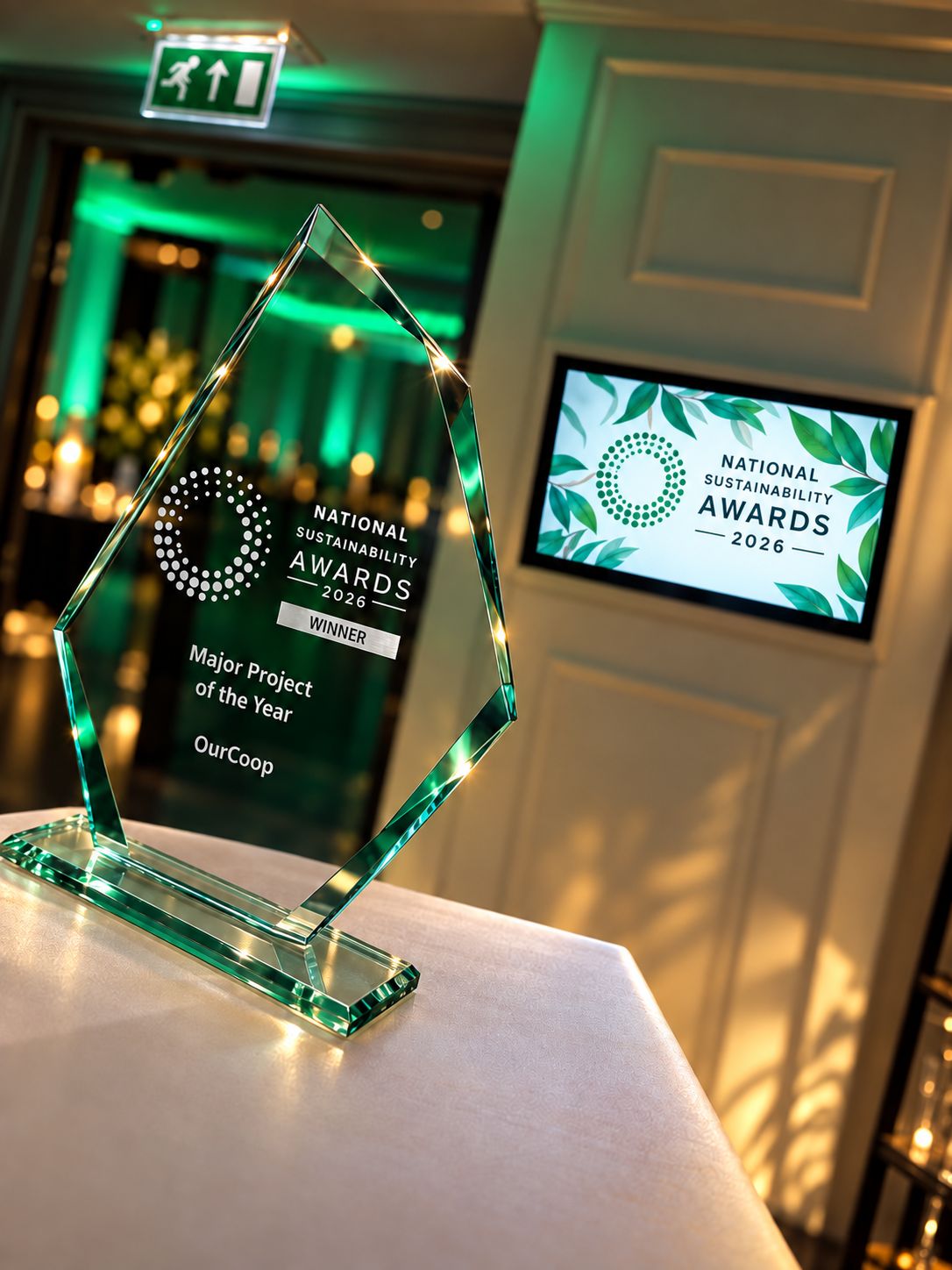 Glass trophy sat on a table inscribe with Major Project of the Year Winns OurCoop on it.