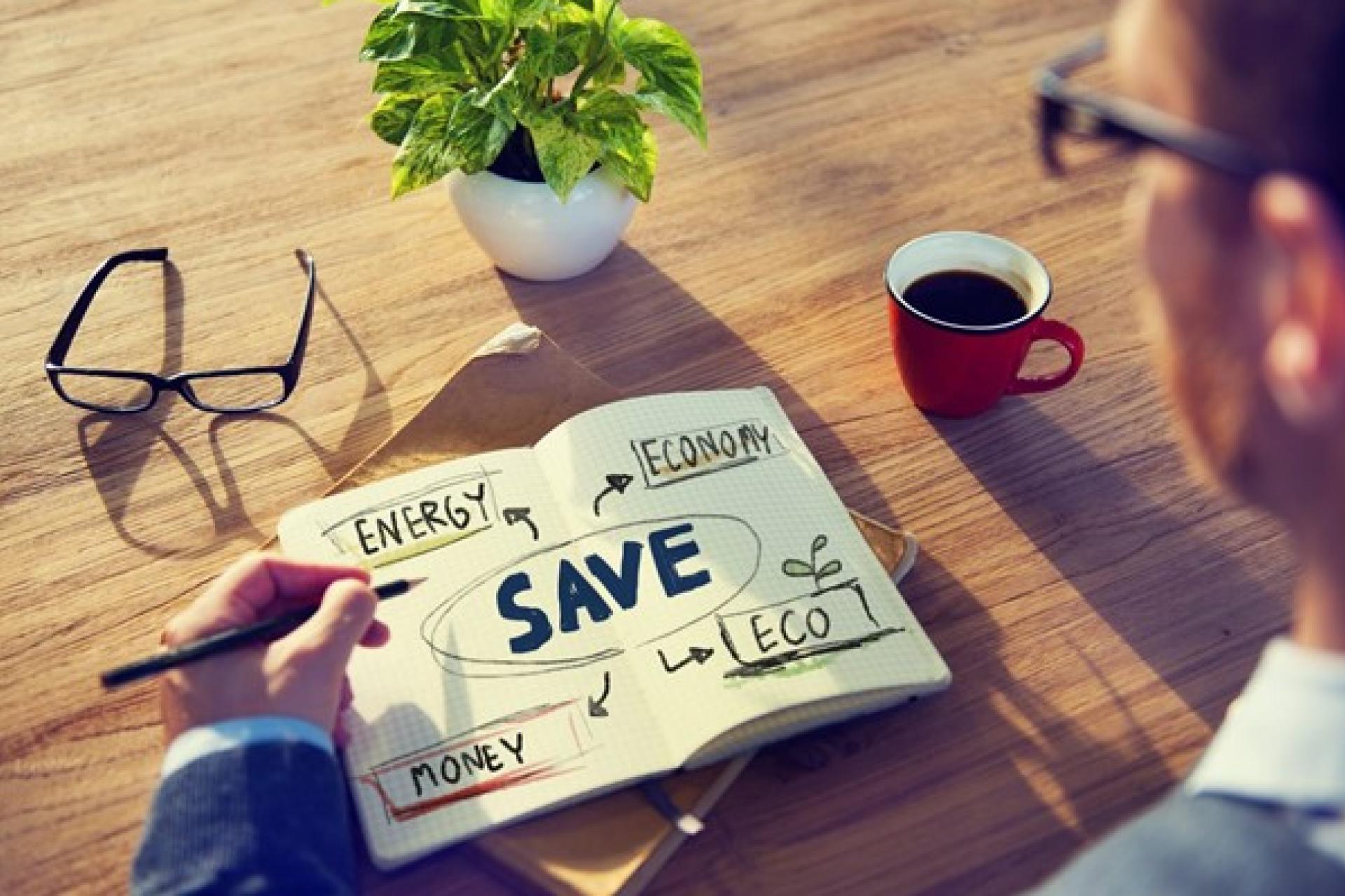 Graphic showing a person thinking about ways to save money on their energy bills, with thought bubbles and energy-related icons.