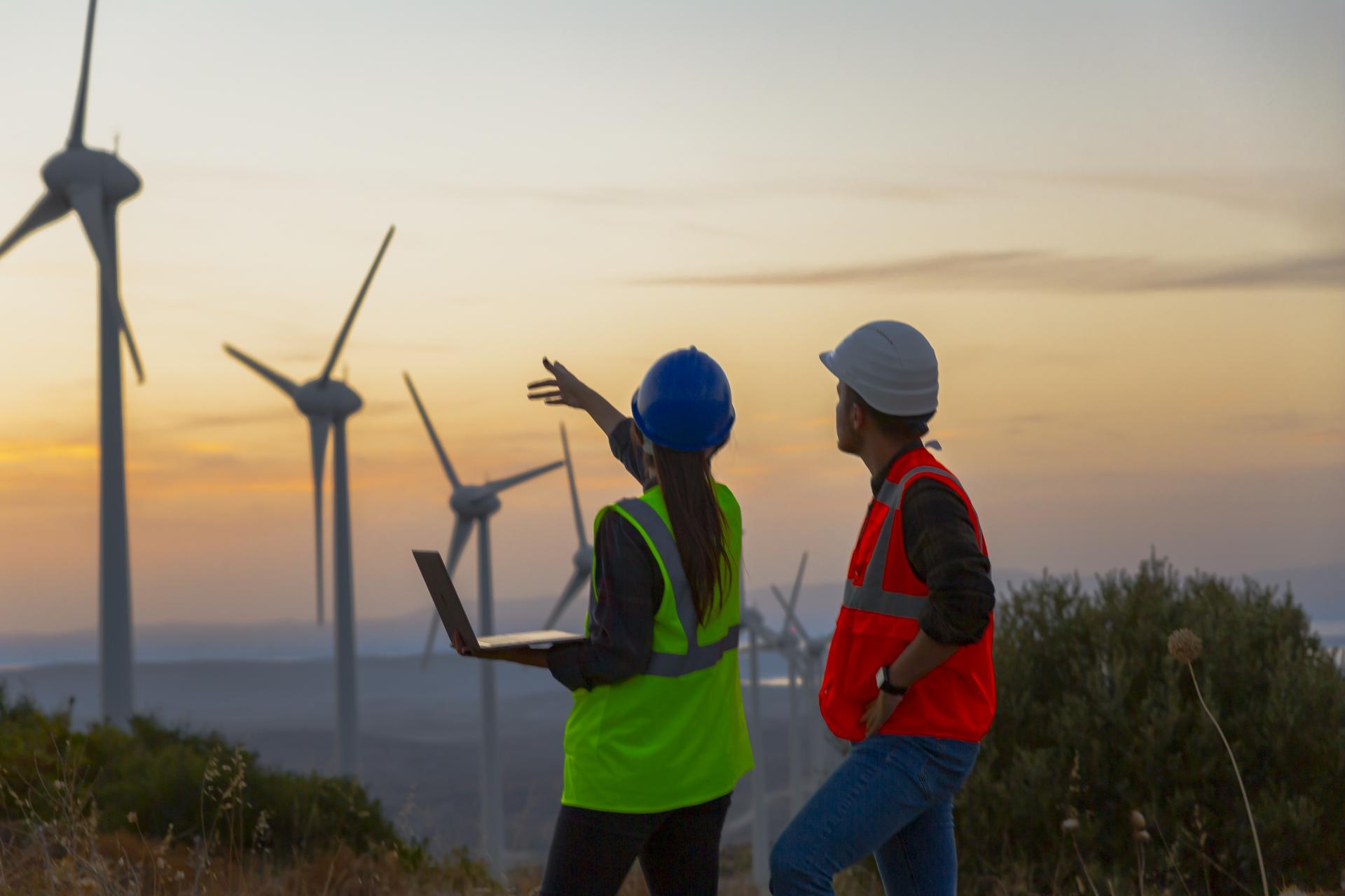 Two engineers stood discussing plans in front of a wind farm 