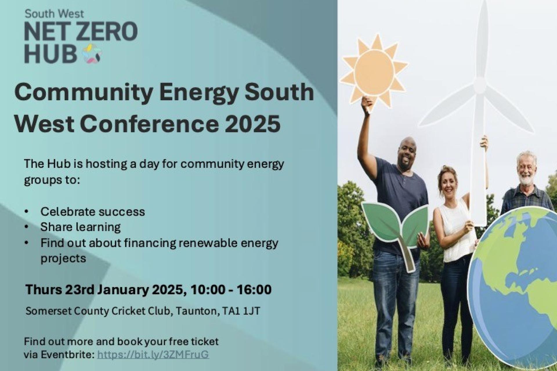 Poster for the Community Energy South West Conference in Taunton on 26/01/2025, focusing on community energy projects.
