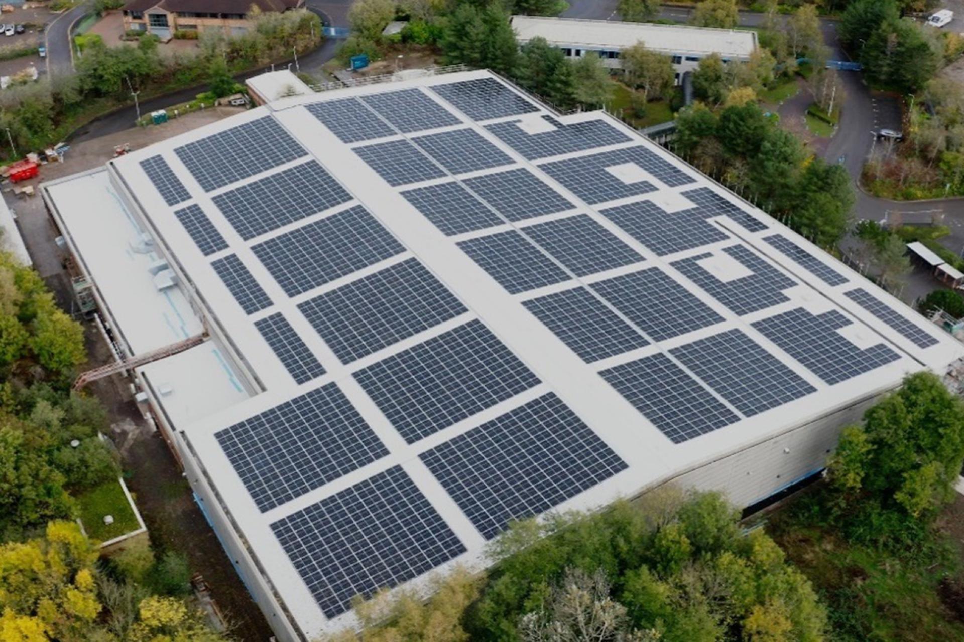 Aerial view of TBY2 studio, showcasing the solar panels on the roof.