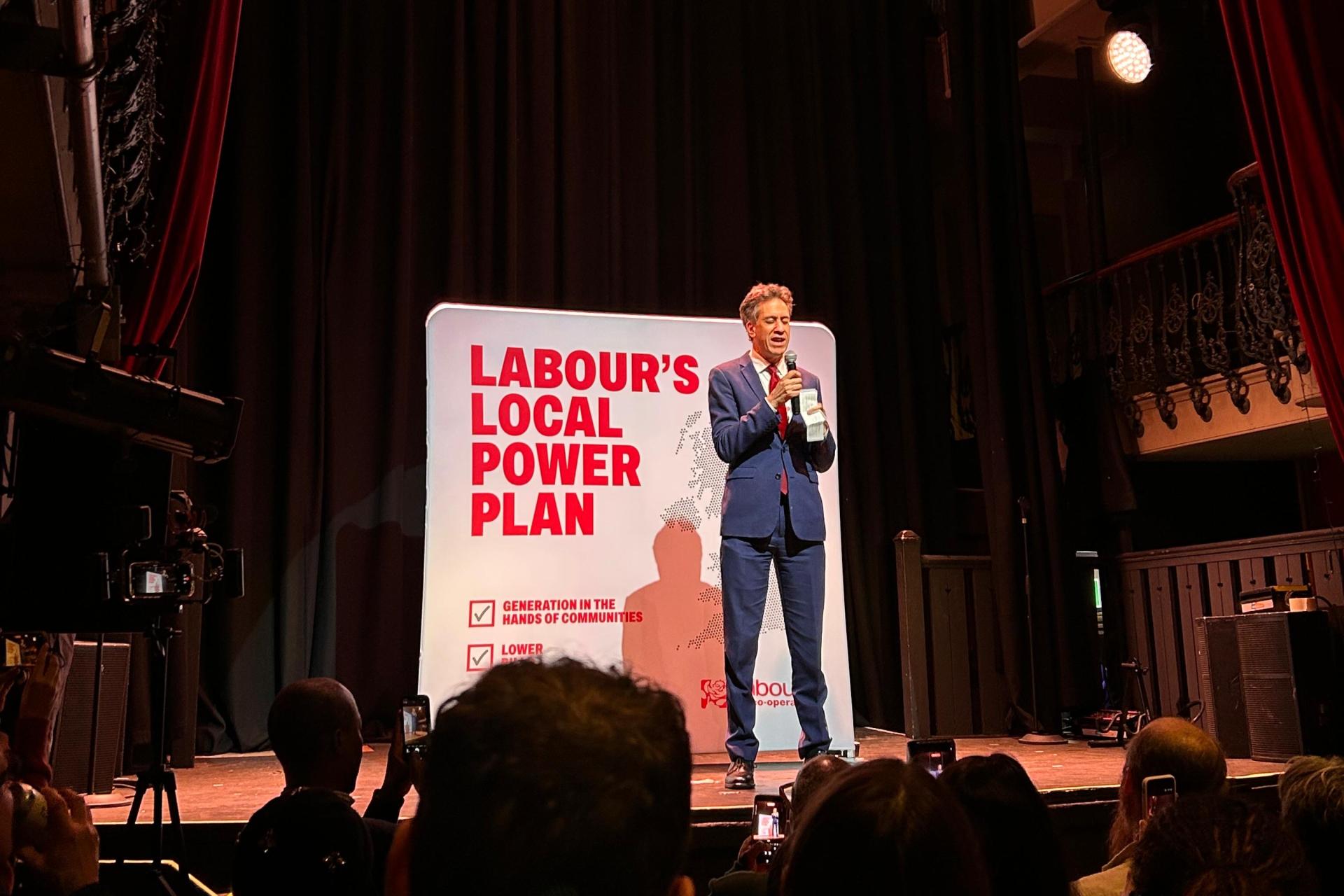 Ed Miliband giving launching the Local Power Plan at a community event.