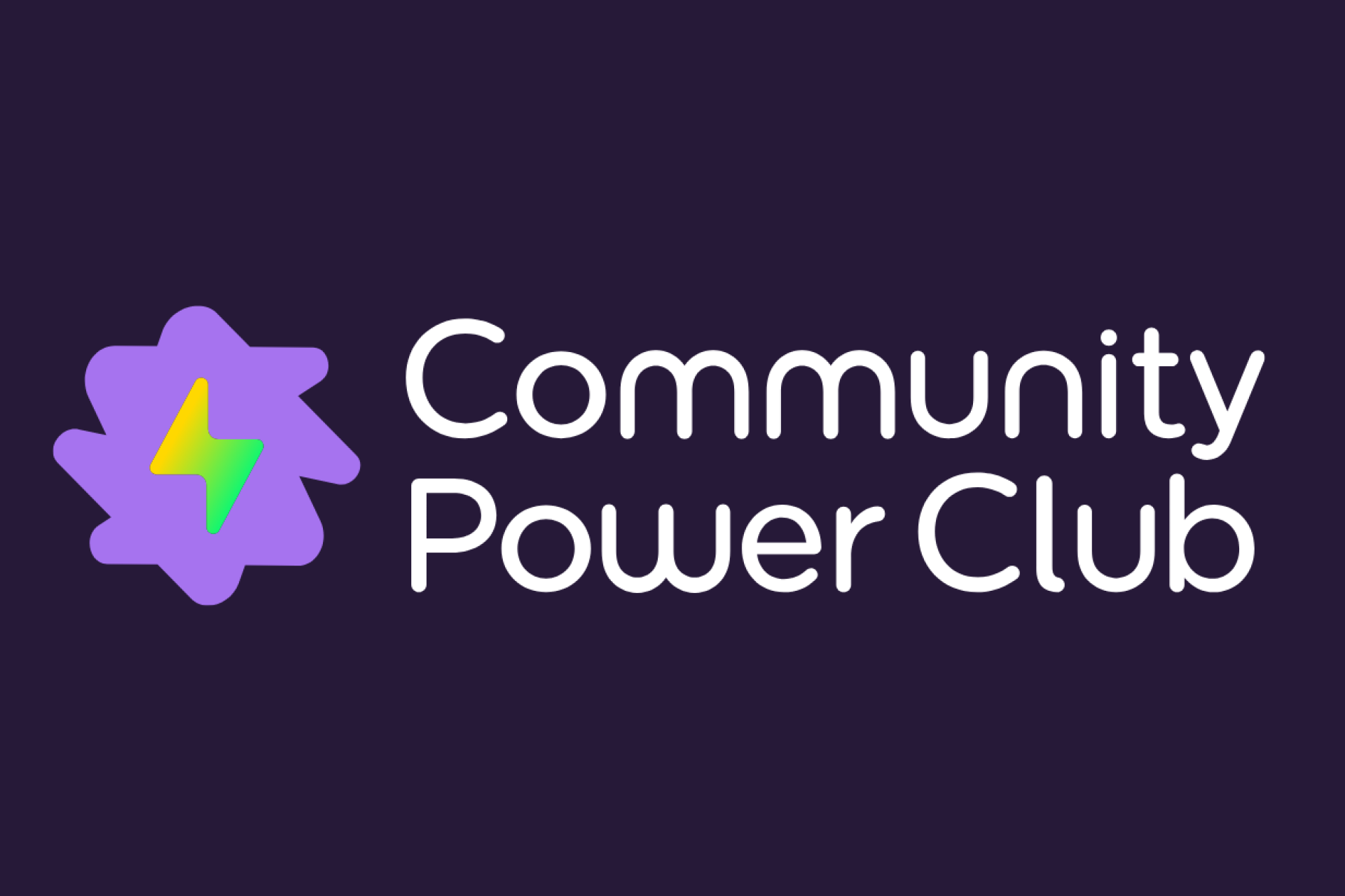 The Community Power Club logo with white text on a dark purple background.