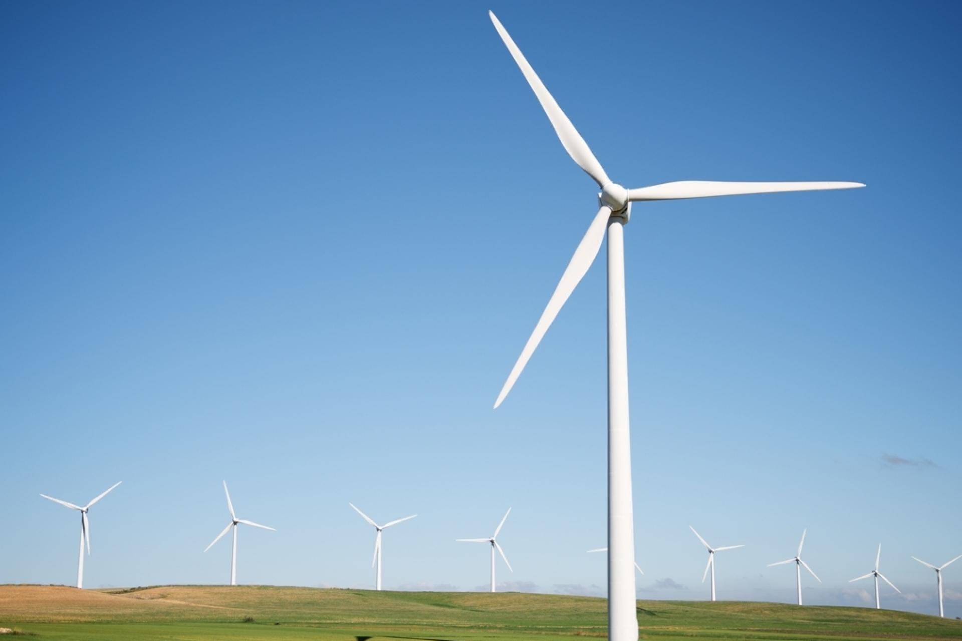 A wind turbine stood alone in a green field