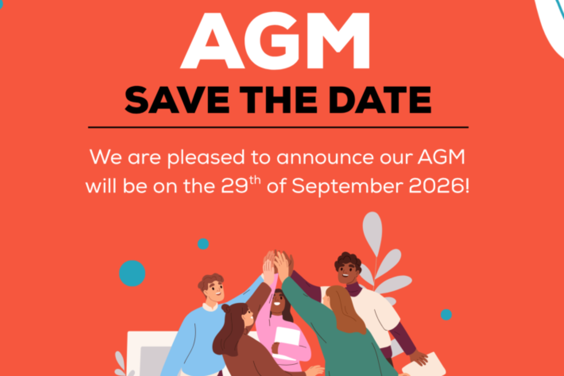 Red graphic for the AGM save the date with figures in the middle greeting eachother.