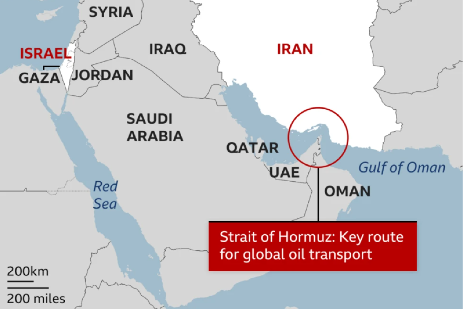 A map of the middle east that highlights the Strait of Hormuz