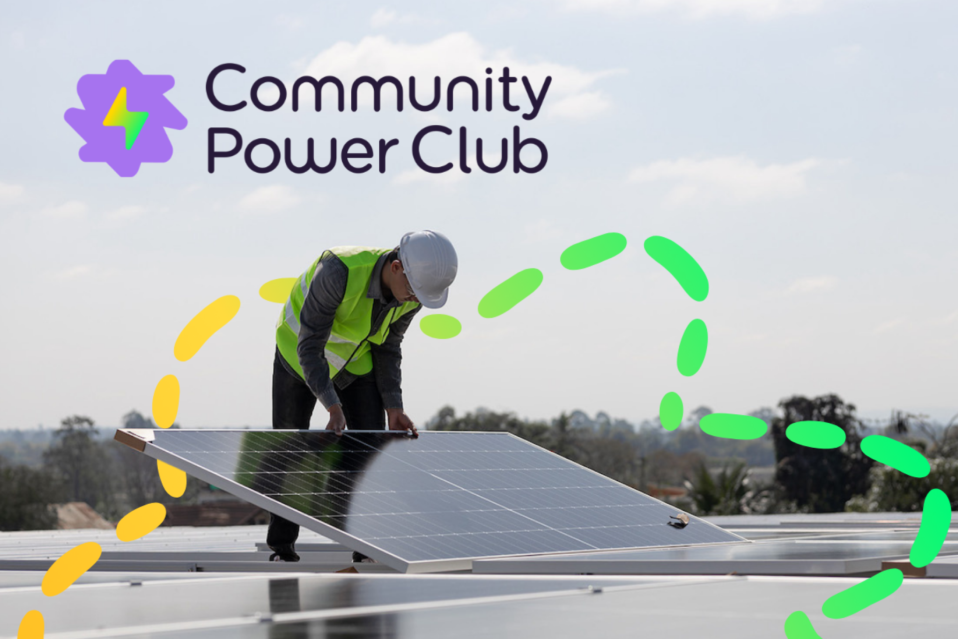 Solar panels being installed on a roof with the Community Power Club logo in the background.